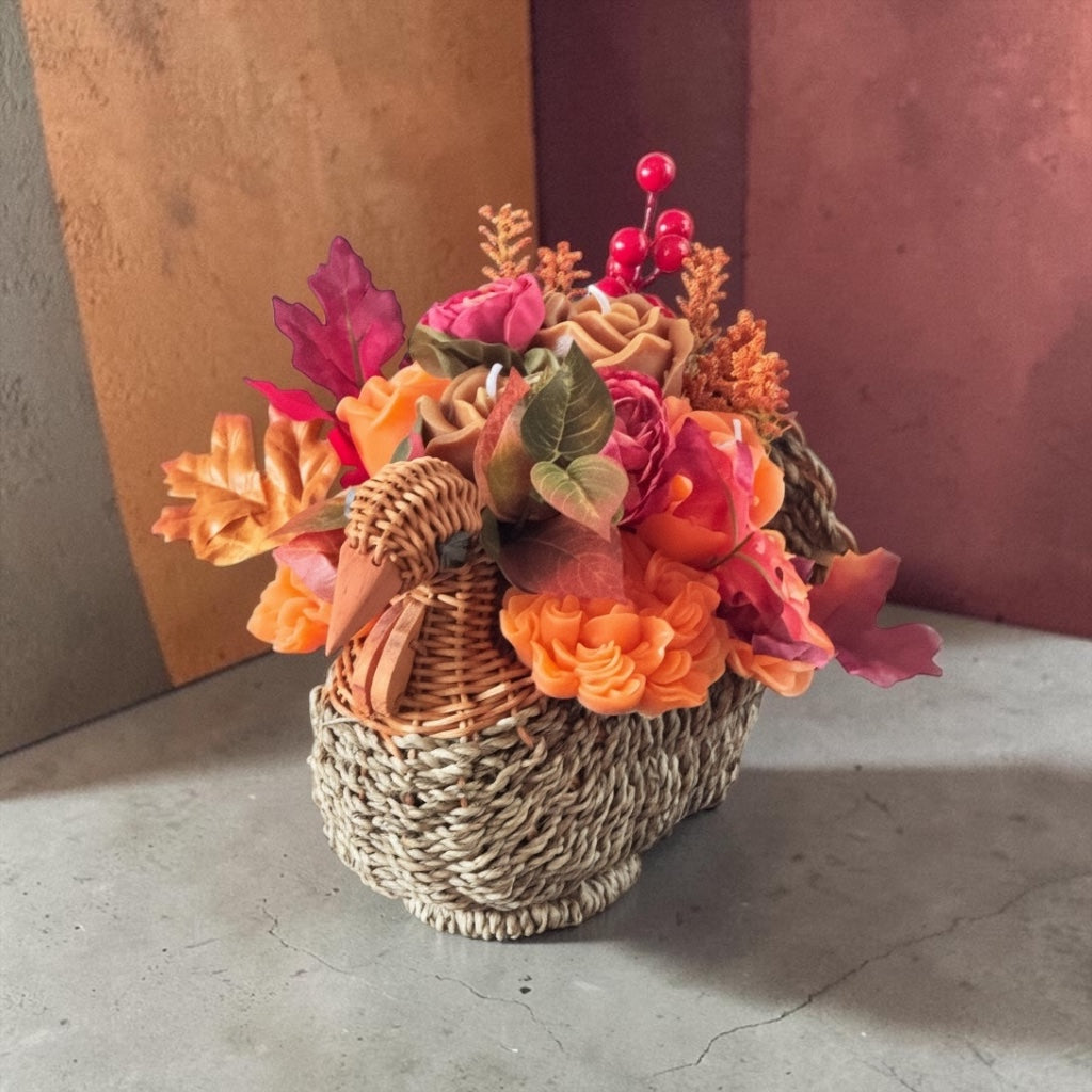 Wicker Turkey Candle Flower Centerpiece | Handcrafted Thanksgiving Table Centerpiece | Harvest Turkey Decor