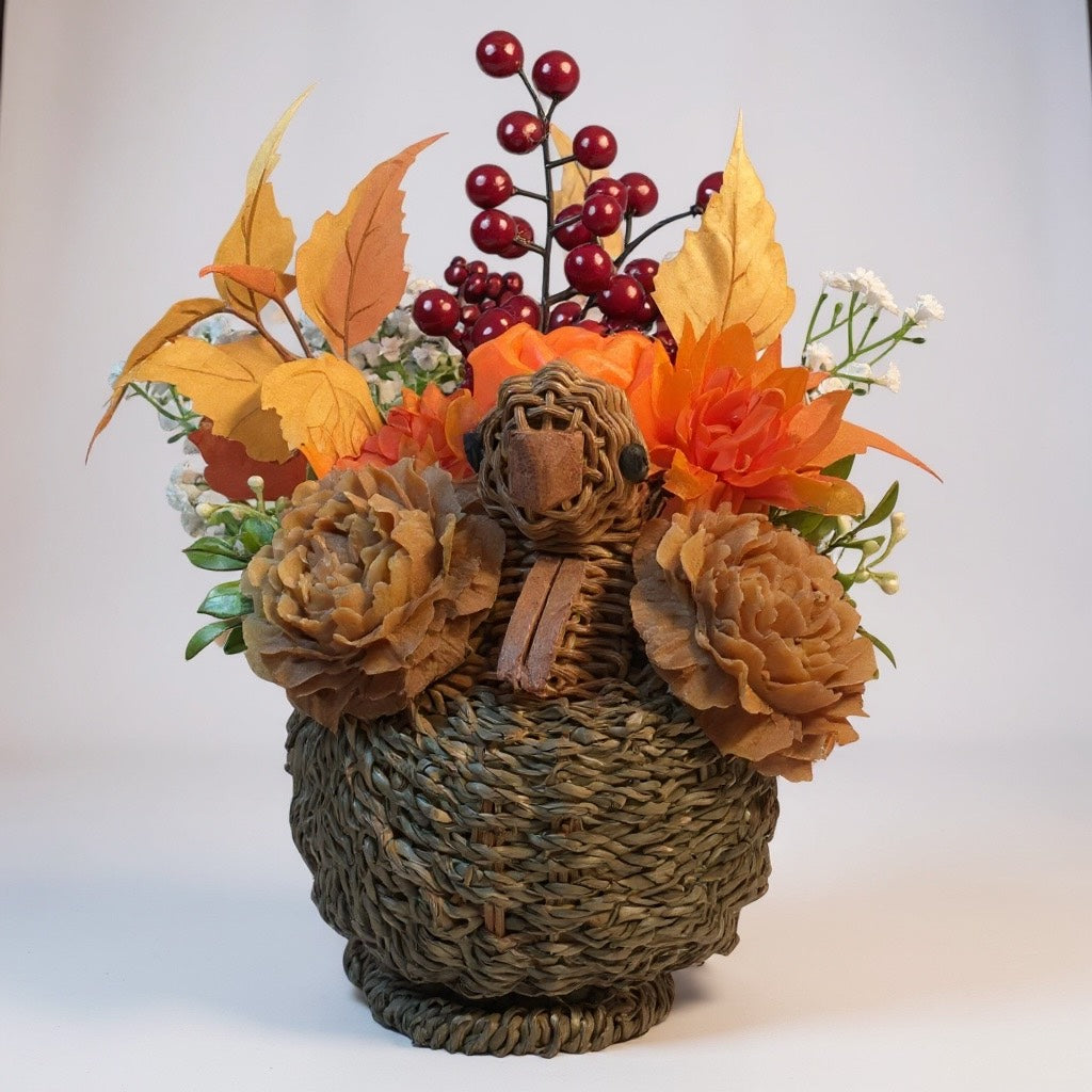 Thanksgiving Table Centerpiece - Autumn Flower Basket/Turkey Candle Flowers