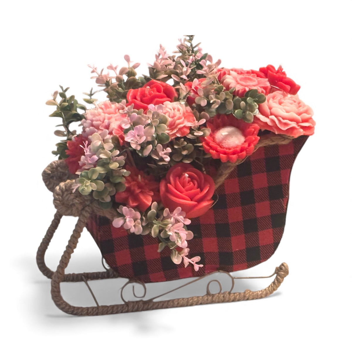 Christmas Sleigh with Scented Candle Flowers – Holiday Candle Centerpiece & Gift