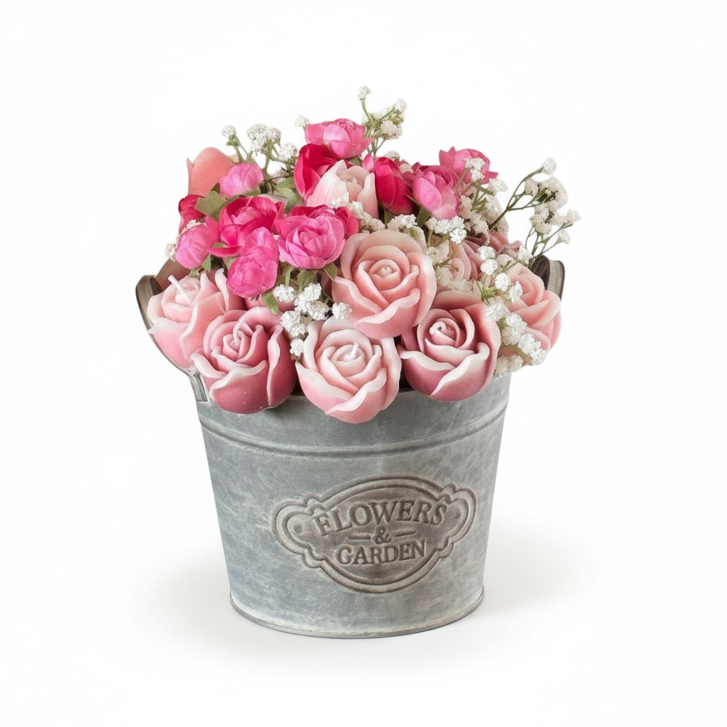 Farmhouse Rose Candle Flowers in Galvanized Planter- Large
