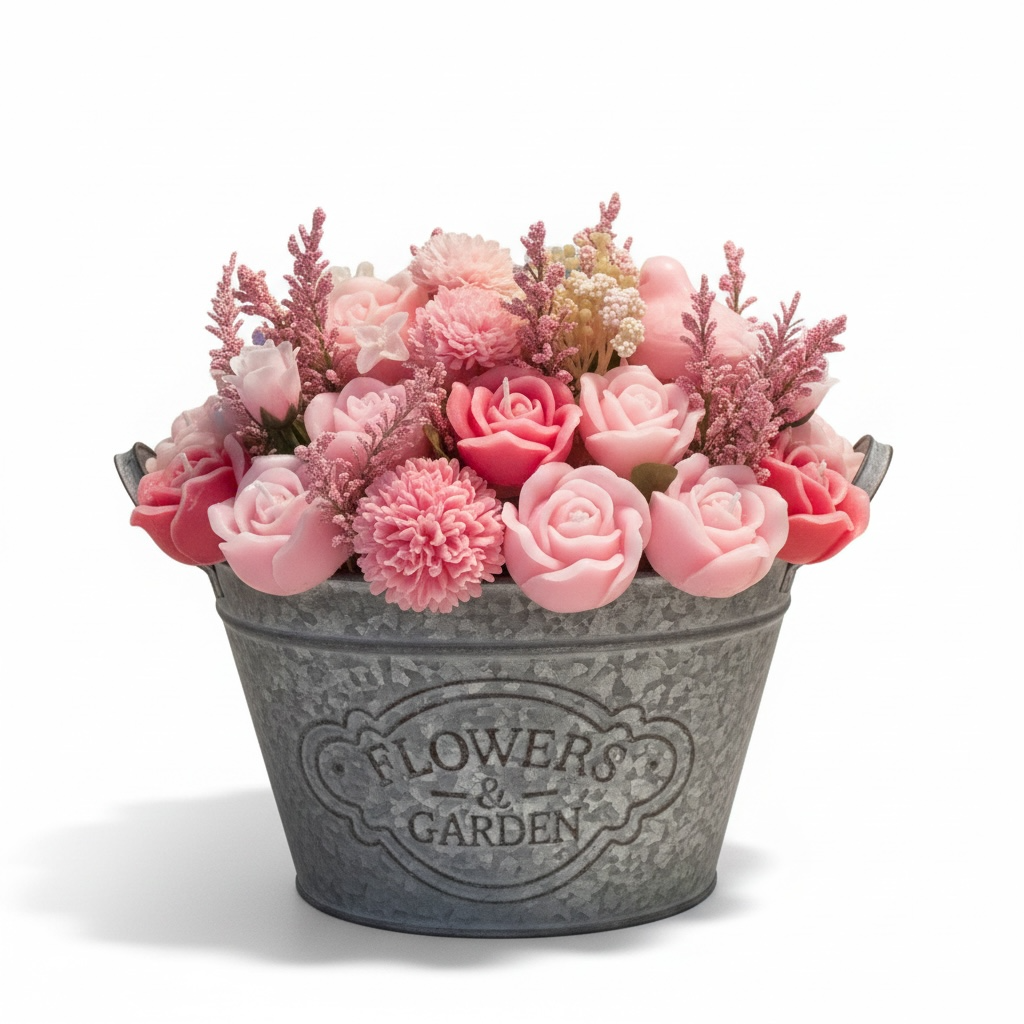 Farmhouse Rose Candle Flowers in Galvanized Planter- Extra Large