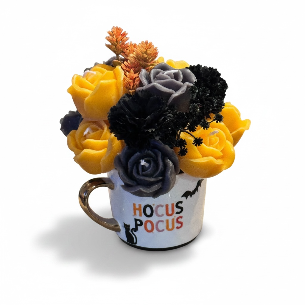 Hocus Pocus Flower Candle Bouquet | Halloween Beeswax Candle Arrangement in Mug | Handmade Floral Bouquet Candle