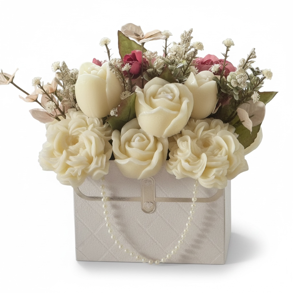 Custom Scented Candle Flowers – White Florist Purse Gift