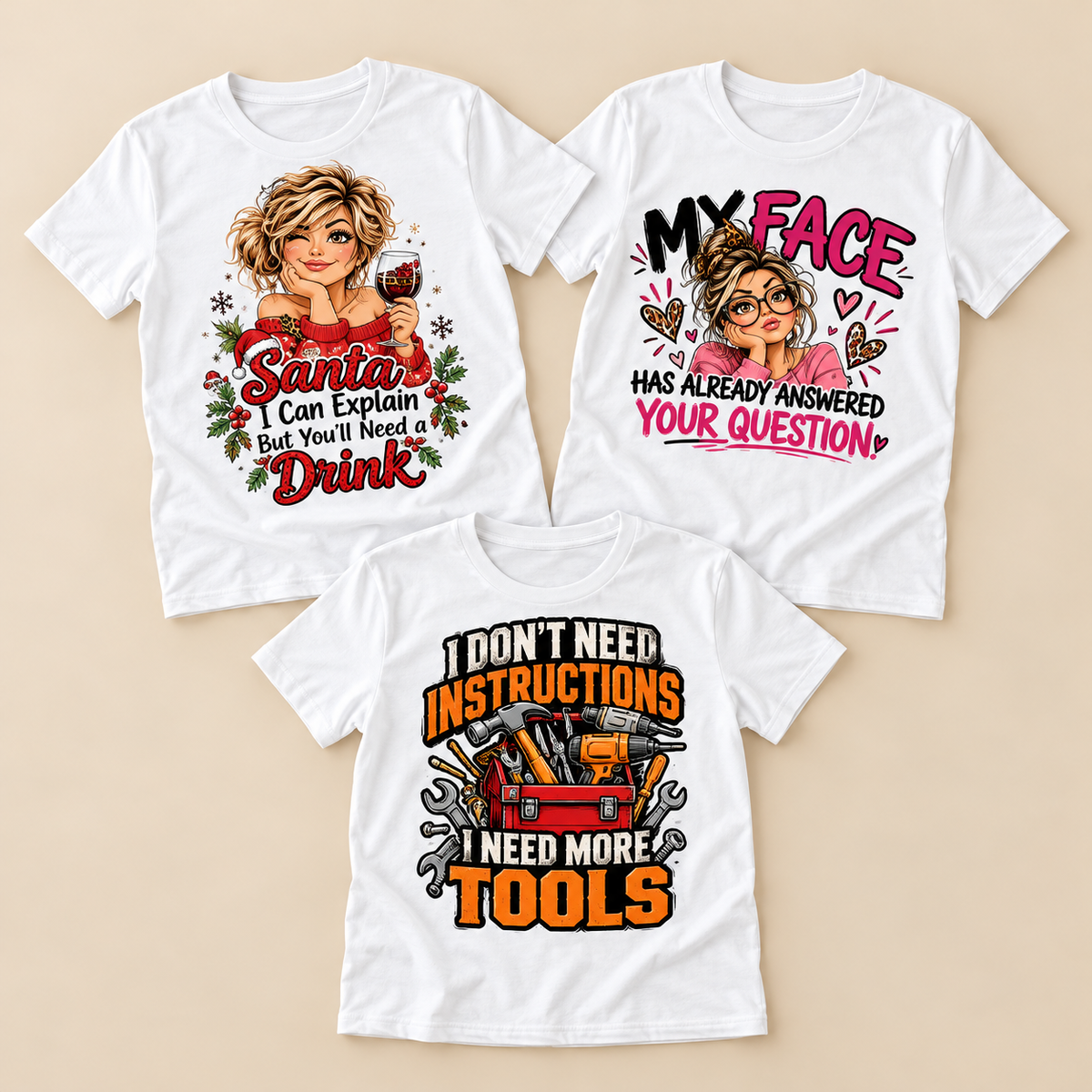 Three white custom T-shirts without models