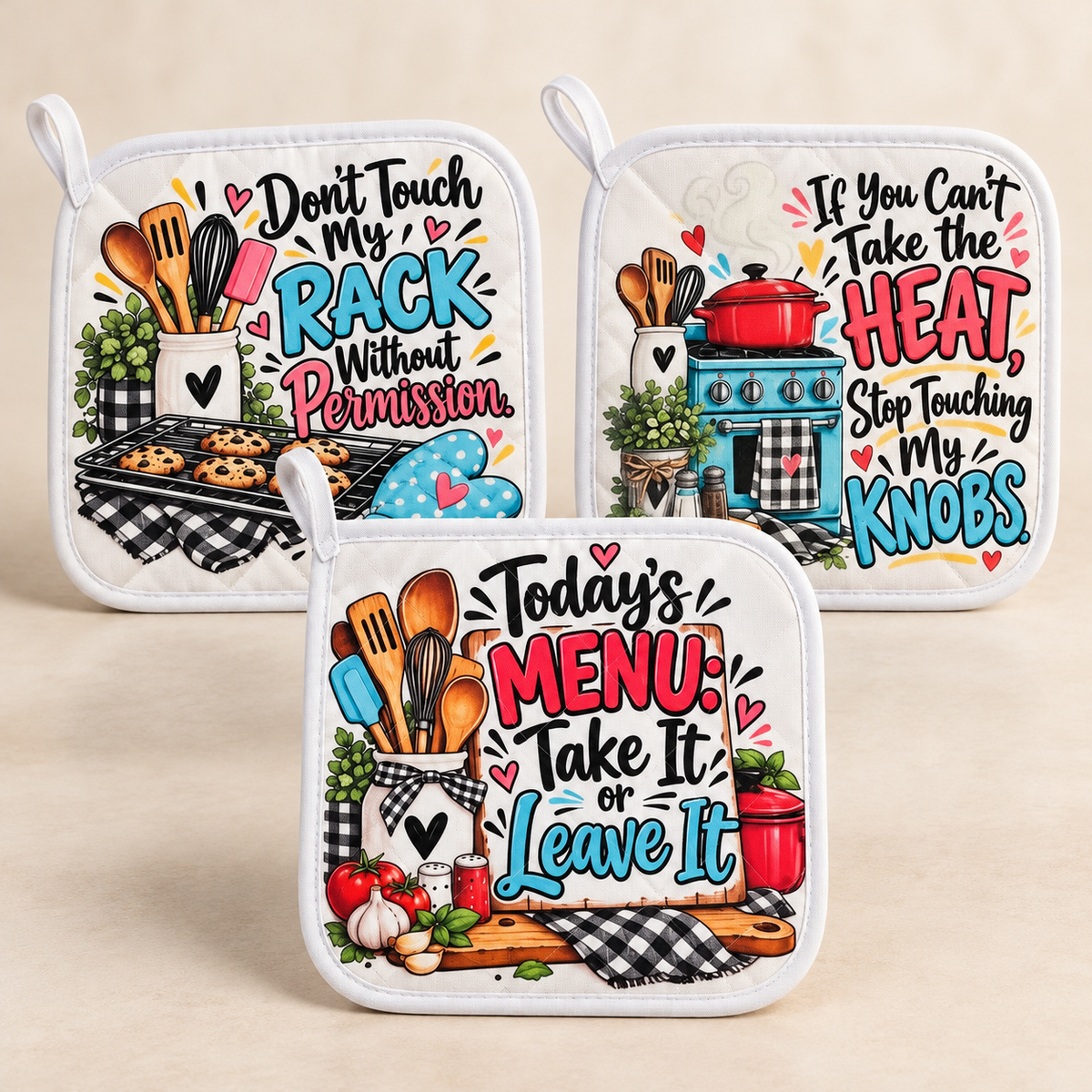 Three funny potholder designs on a neutral background