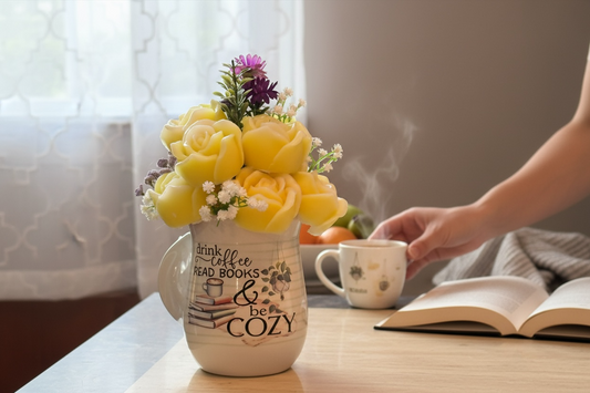 Book Lover Handwarmer Mug with Candle Flowers – Cozy Coffee Gift