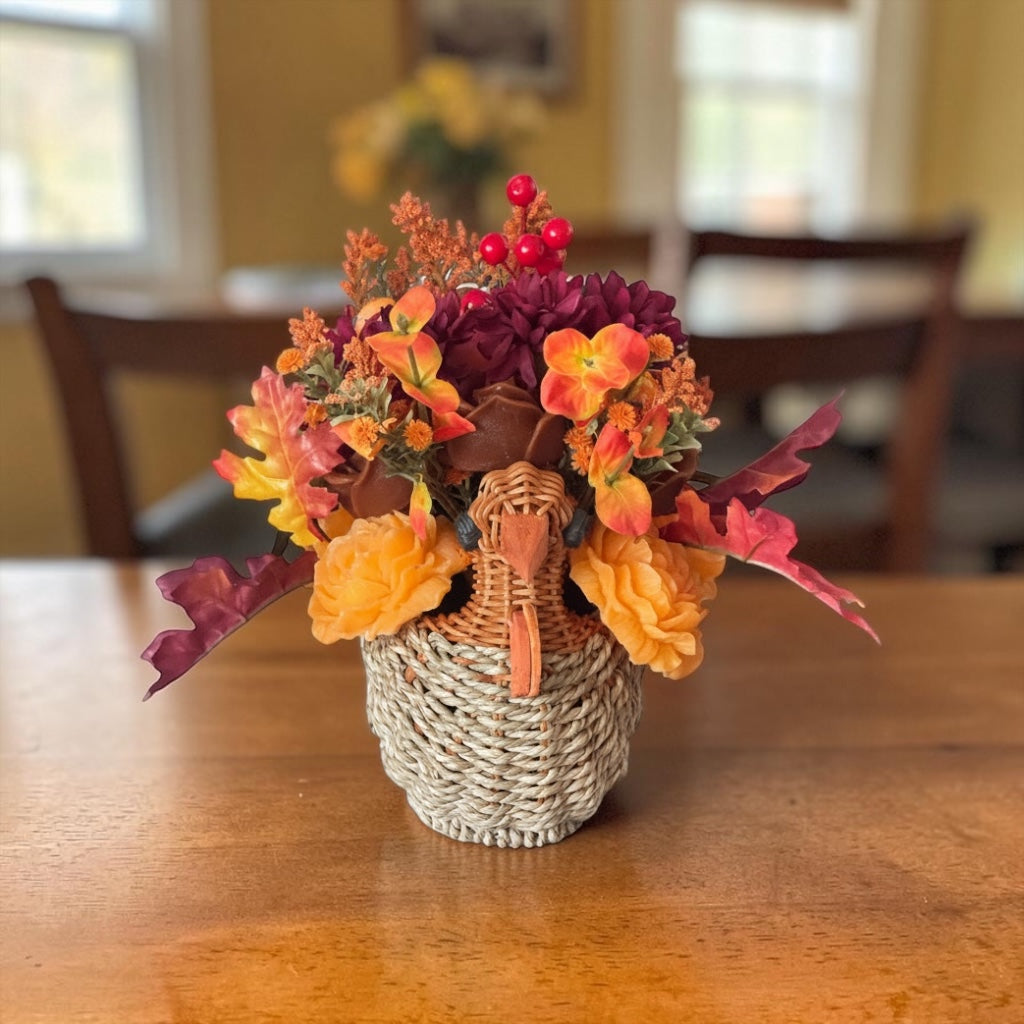 Wicker Turkey Candle Flower Centerpiece | Handcrafted Thanksgiving Table Centerpiece | Harvest Turkey Decor