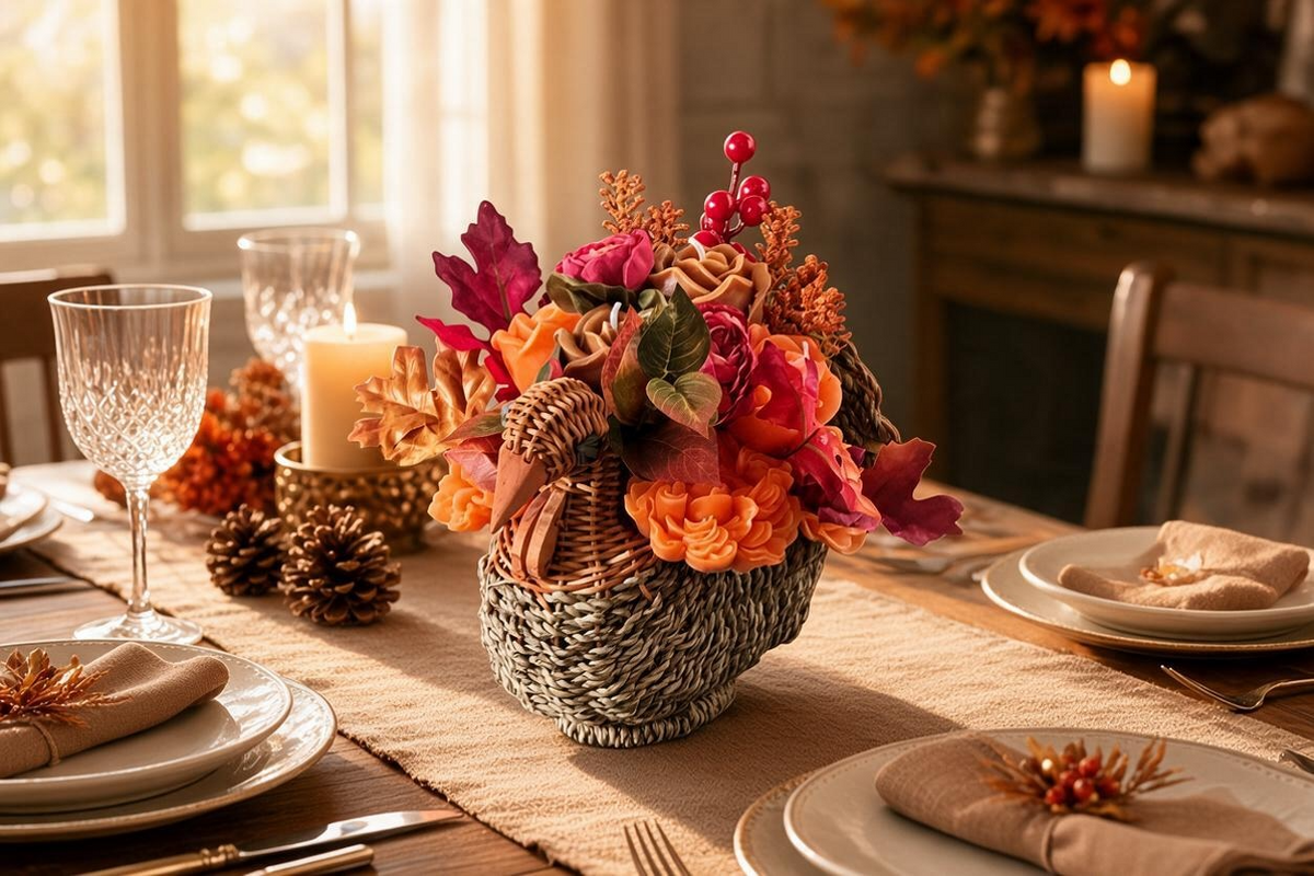 Wicker Turkey Candle Flower Centerpiece | Handcrafted Thanksgiving Table Centerpiece | Harvest Turkey Decor
