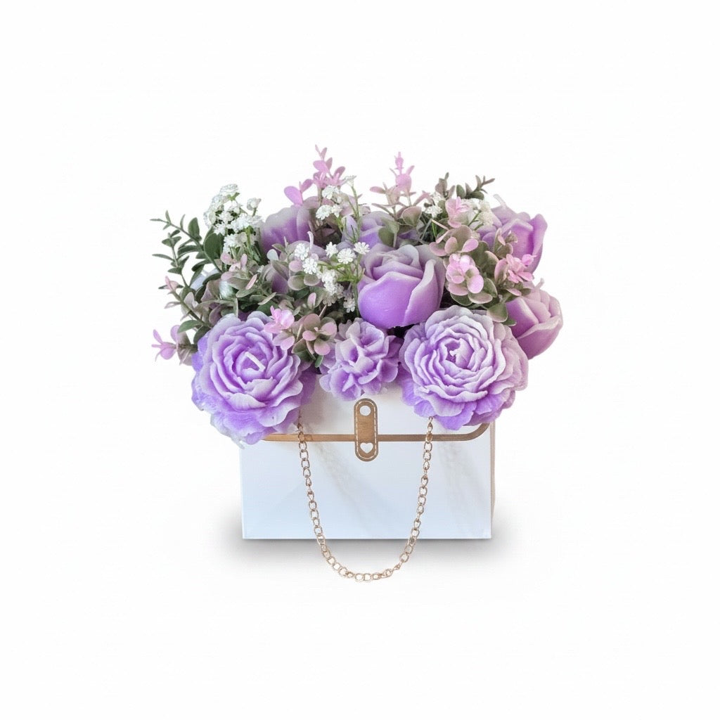 Custom Scented Candle Flowers – White Florist Purse Gift