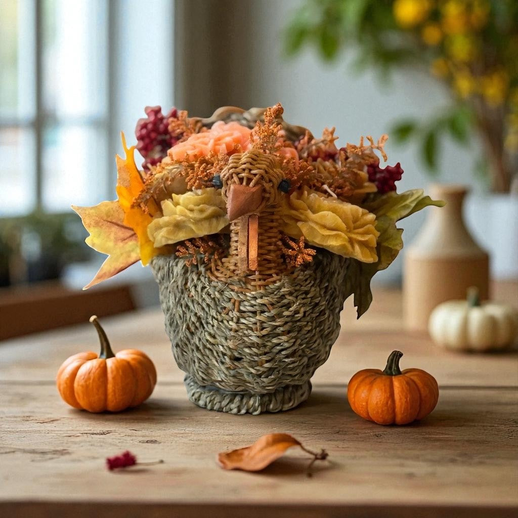 Thanksgiving Table Centerpiece - Autumn Flower Basket/Turkey Candle Flowers