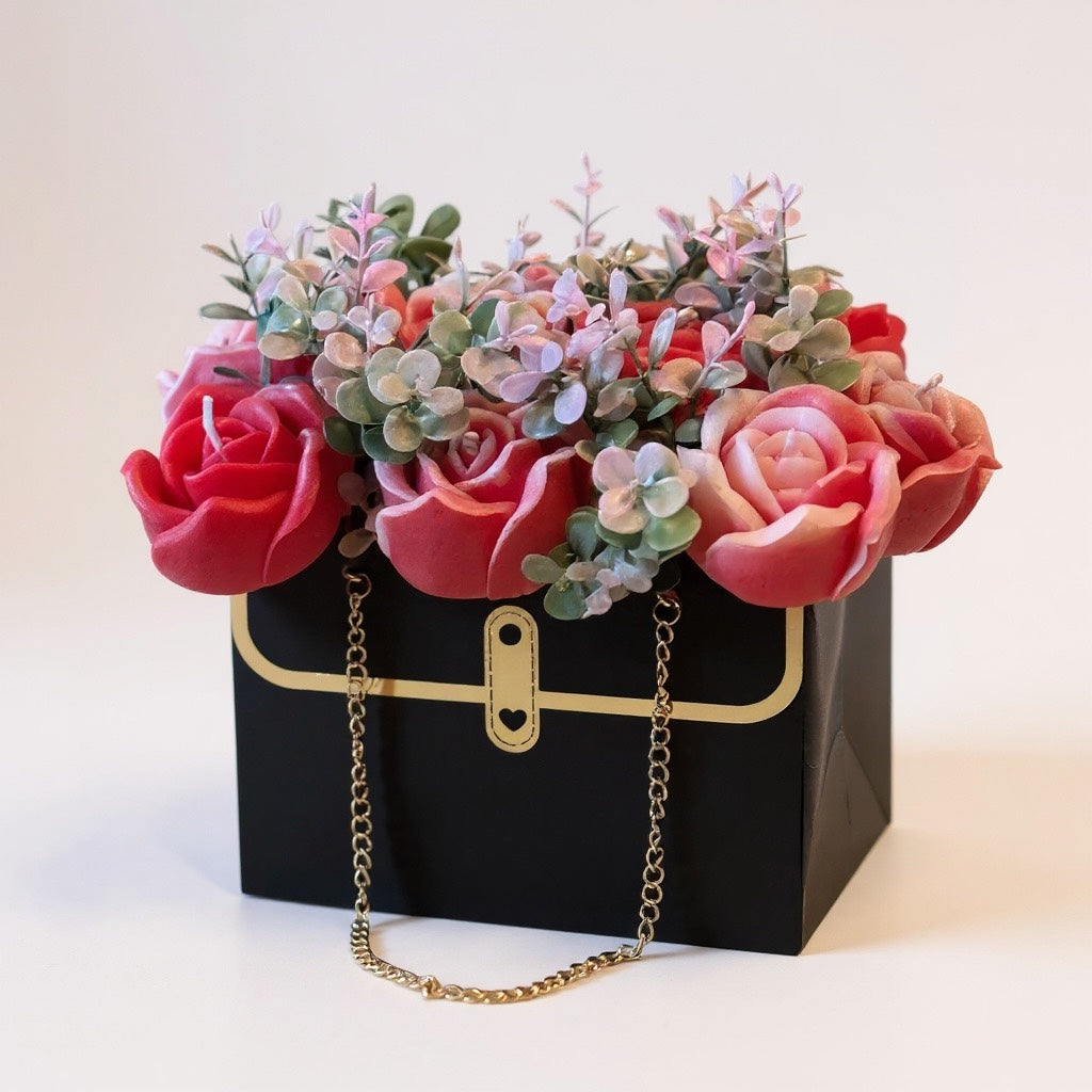 Handmade Beeswax Rose Bouquet Candle in Black Purse