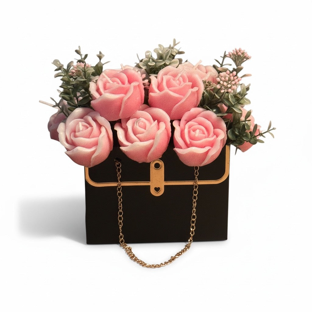 Handmade Beeswax Rose Bouquet Candle in Black Purse