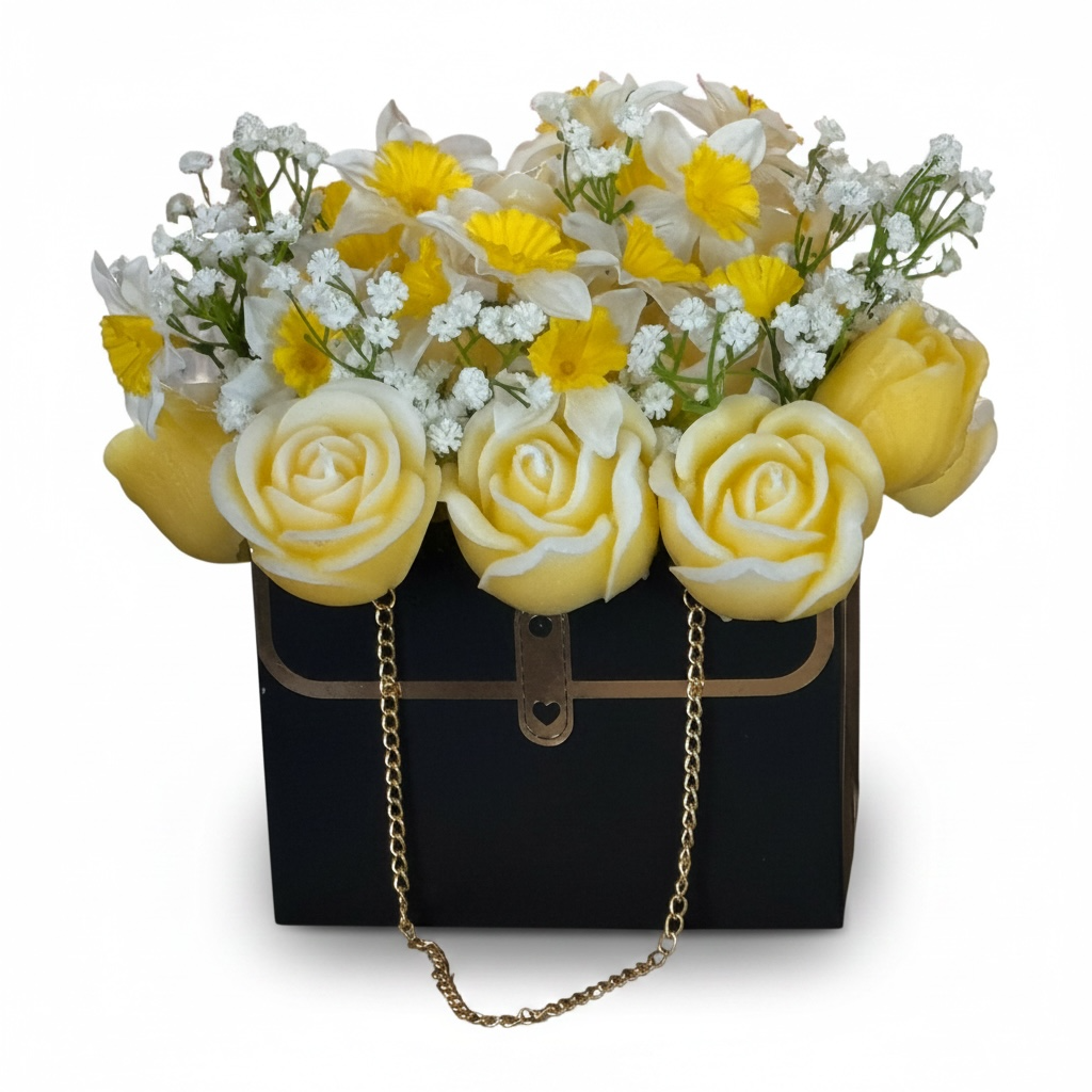 Handmade Beeswax Rose Bouquet Candle in Black Purse