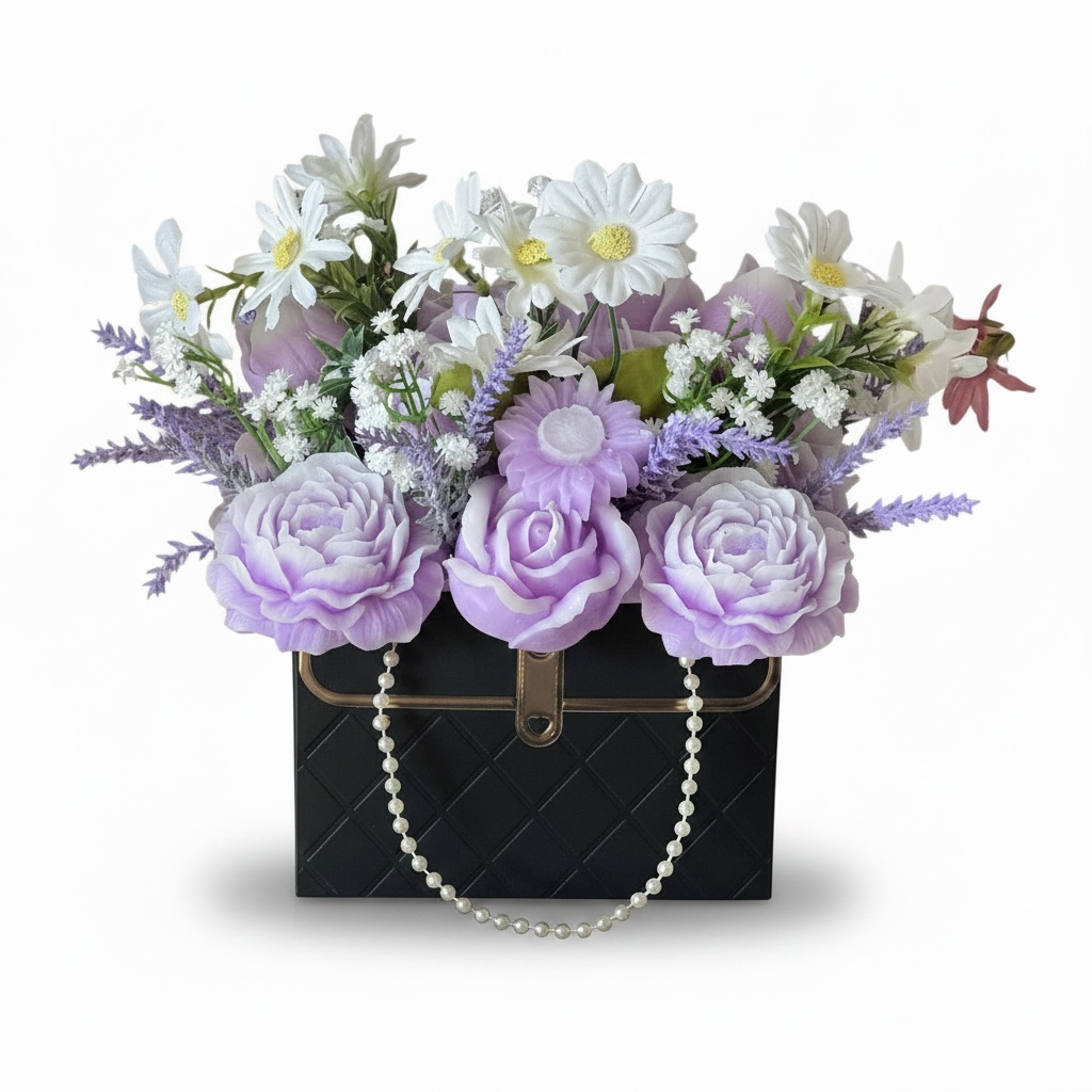 Handmade Beeswax Rose Bouquet Candle in Black Purse