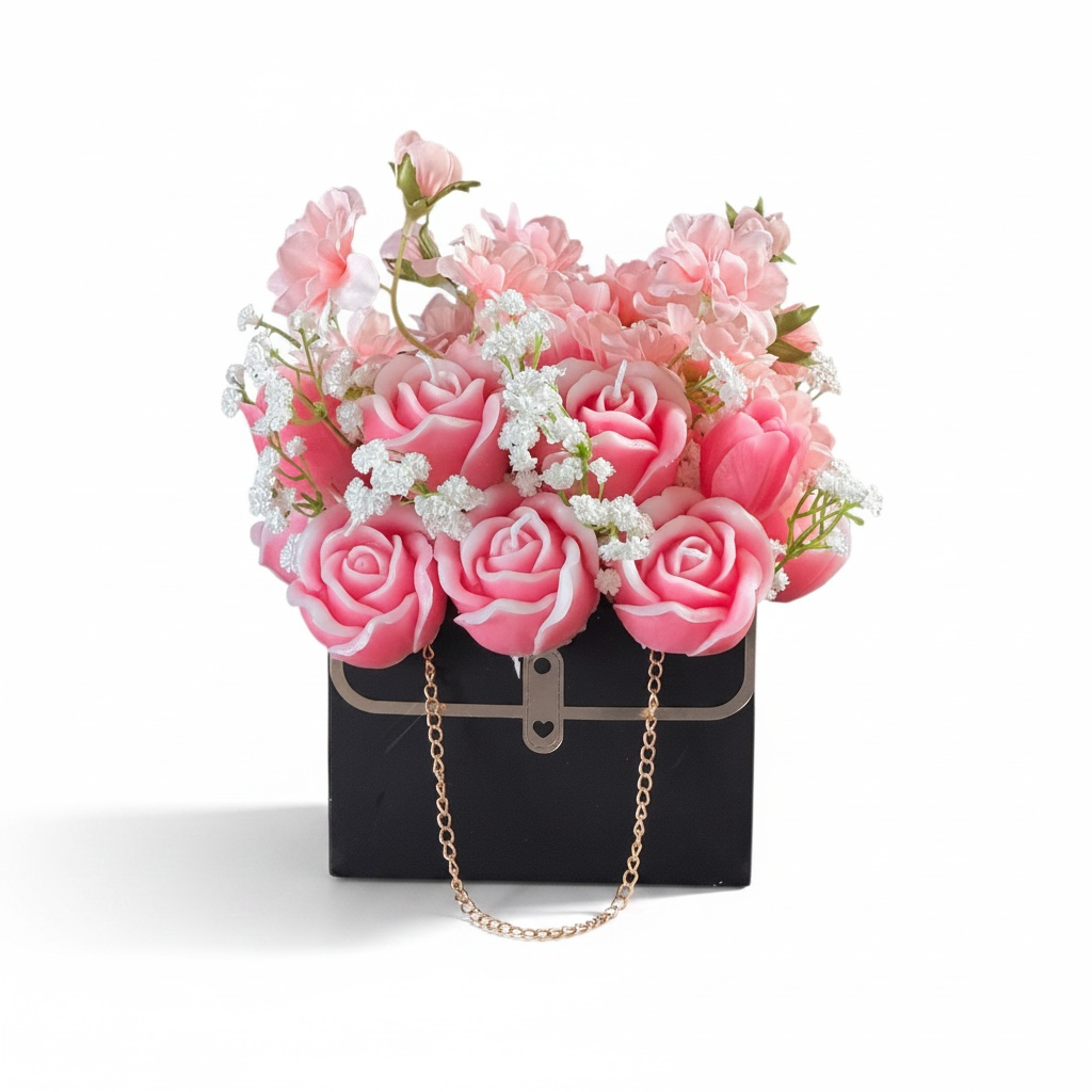 Handmade Beeswax Rose Bouquet Candle in Black Purse