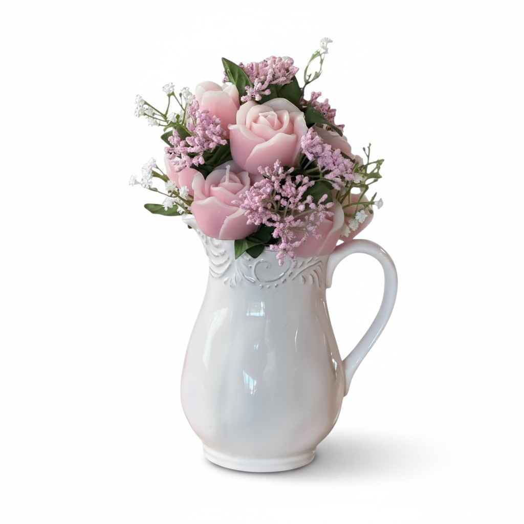 White Pitcher with Custom Candle Flowers