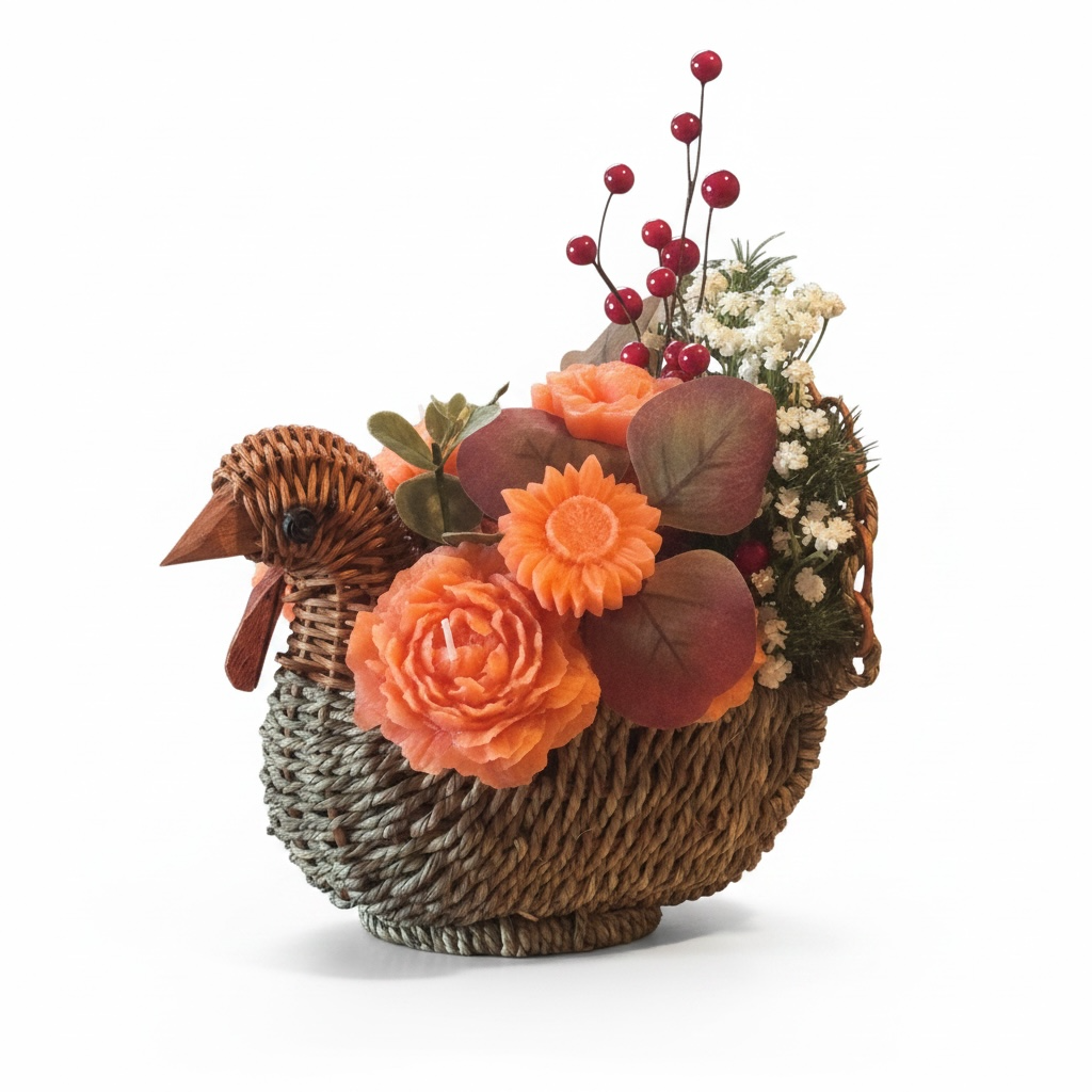 Thanksgiving Table Centerpiece - Autumn Flower Basket/Turkey Candle Flowers