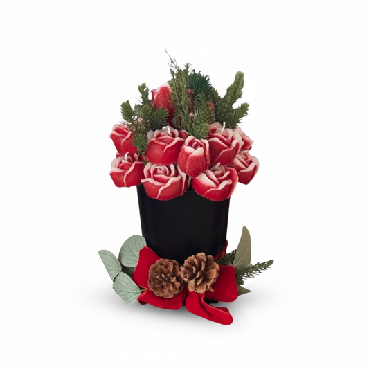 Christmas Rose Candle Flower Bouquet in Black Vase | Pinecone &amp; Velvet Bow Wreath Holiday Centerpiece