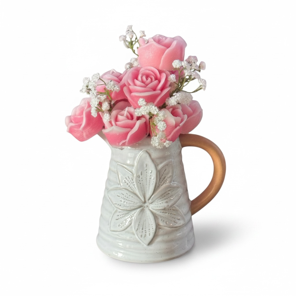 Candle Flowers in Rustic Vase – Custom Arrangement