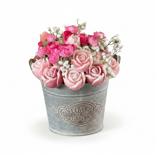 Farmhouse Rose Candle Flowers in Galvanized Planter- Large