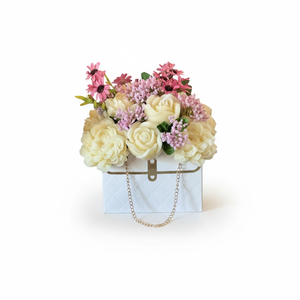 Custom Scented Candle Flowers – White Florist Purse Gift