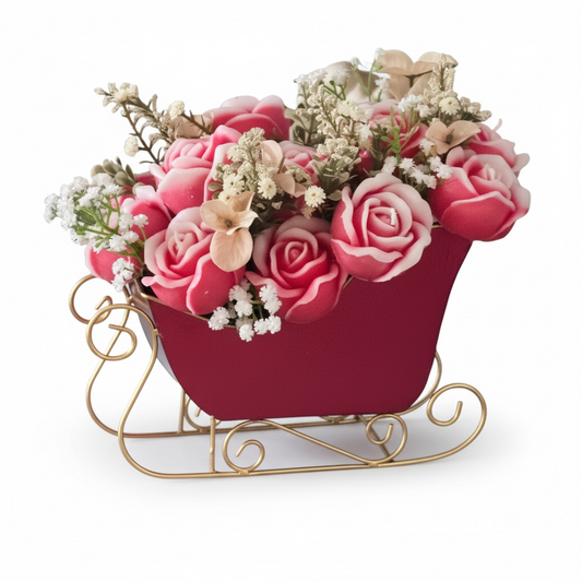 Red Sleigh Christmas Candle Flower Centerpiece | Vintage Holiday Rose Bouquet | Farmhouse Christmas Decor