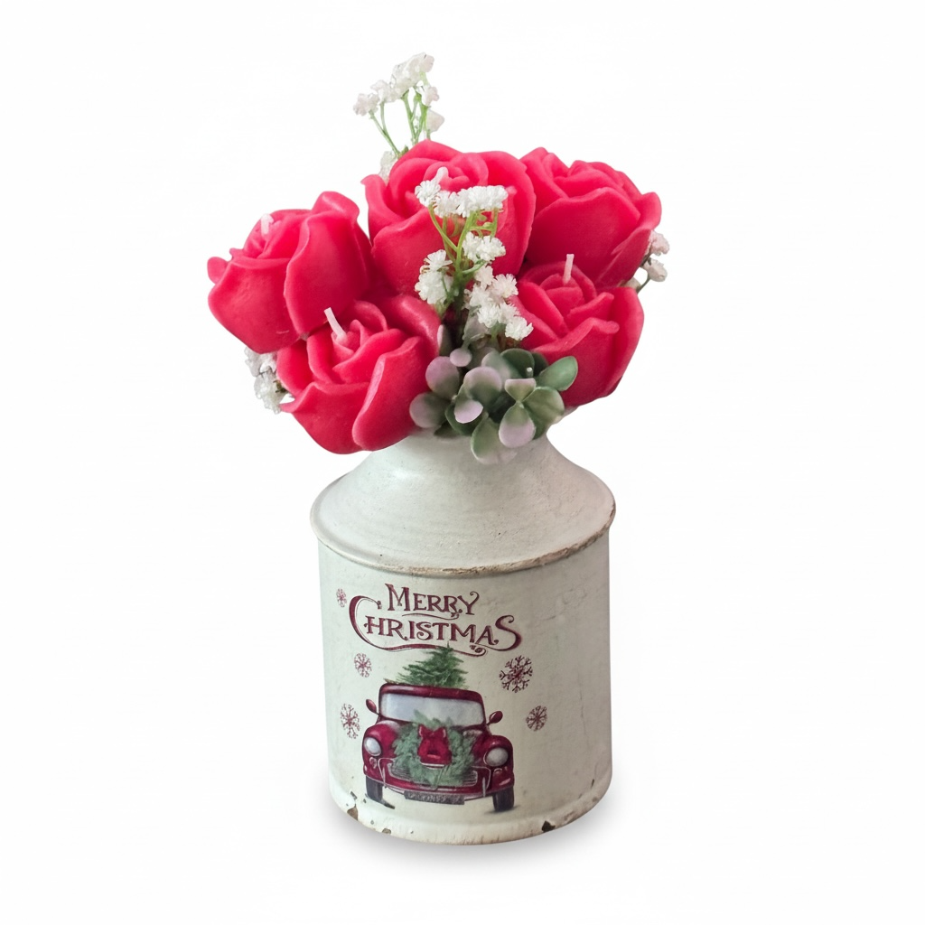 Vintage Merry Christmas Truck Candle Flower Bouquet | Farmhouse Milk Can Vase | Rustic Holiday Centerpiece Gift