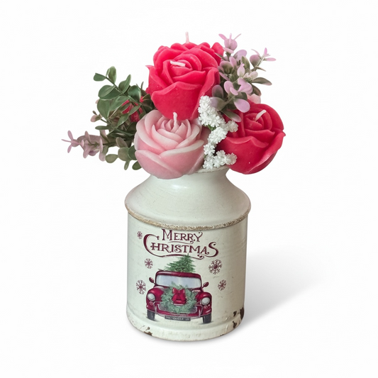 Vintage Merry Christmas Truck Candle Flower Bouquet | Farmhouse Milk Can Vase | Rustic Holiday Centerpiece Gift