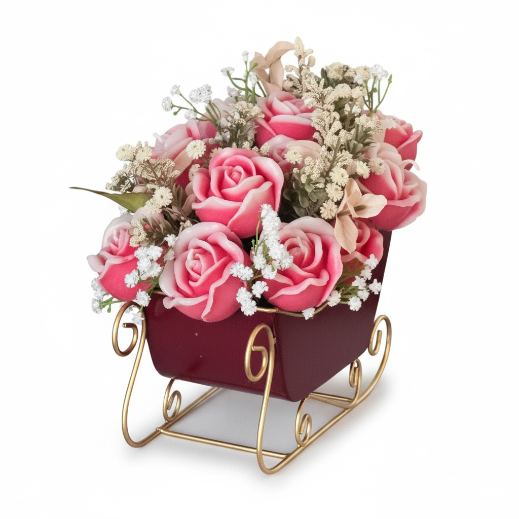 Red Sleigh Christmas Candle Flower Centerpiece | Vintage Holiday Rose Bouquet | Farmhouse Christmas Decor