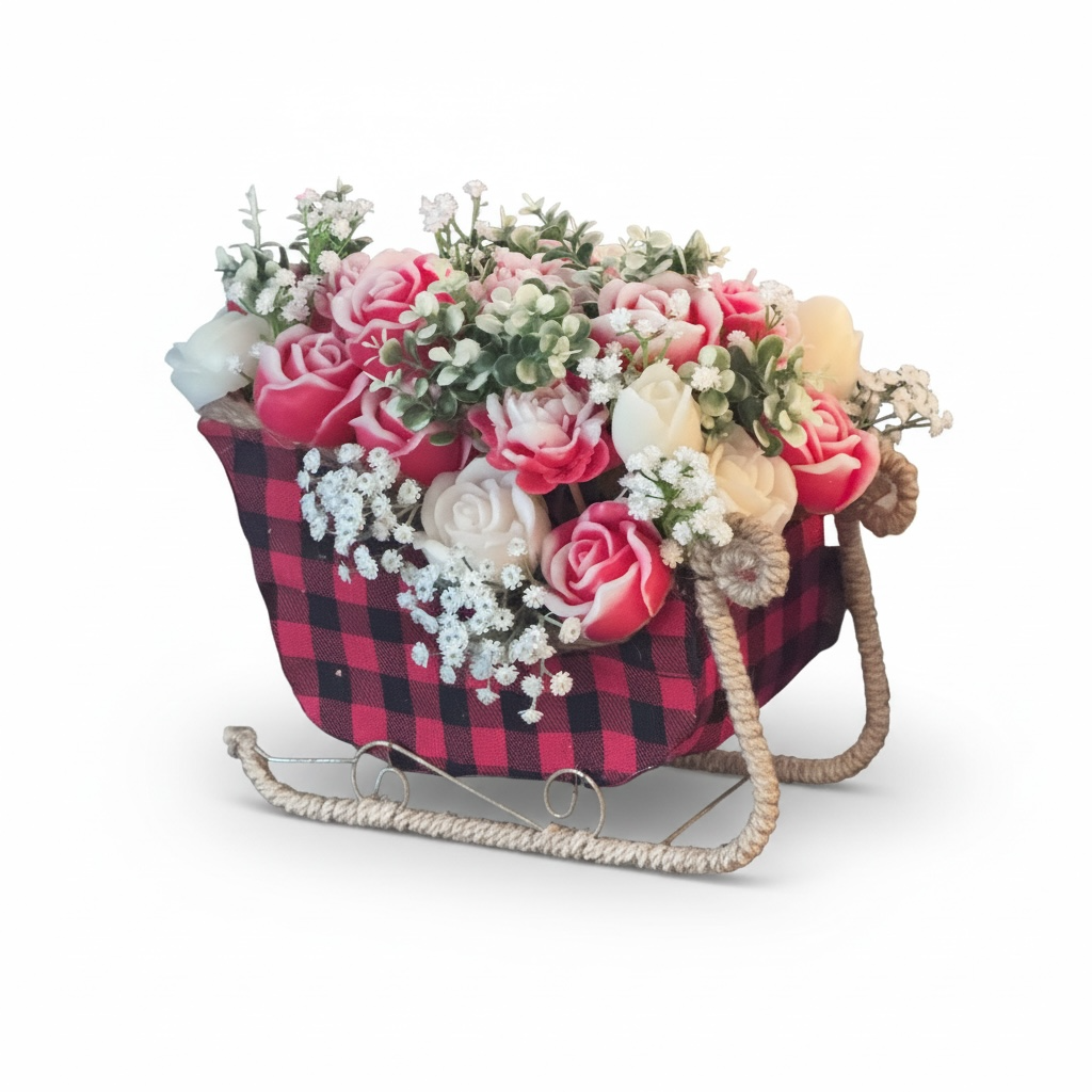 Christmas Sleigh with Scented Candle Flowers – Holiday Candle Centerpiece & Gift