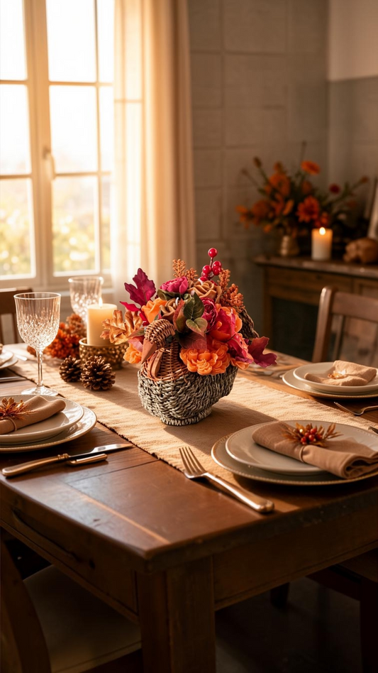 Wicker Turkey Candle Flower Centerpiece | Handcrafted Thanksgiving Table Centerpiece | Harvest Turkey Decor
