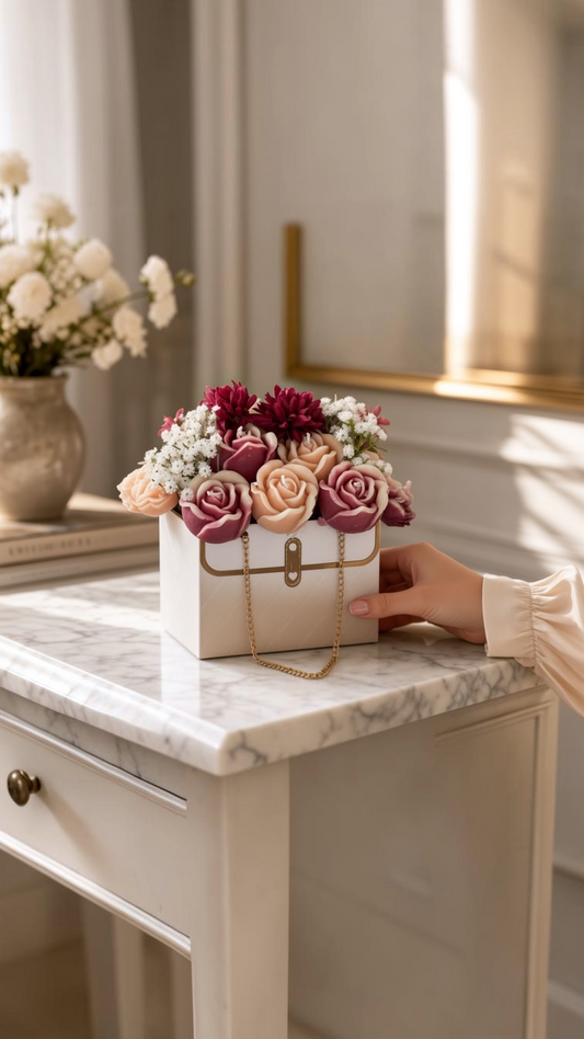 Custom Scented Candle Flowers – White Florist Purse Gift