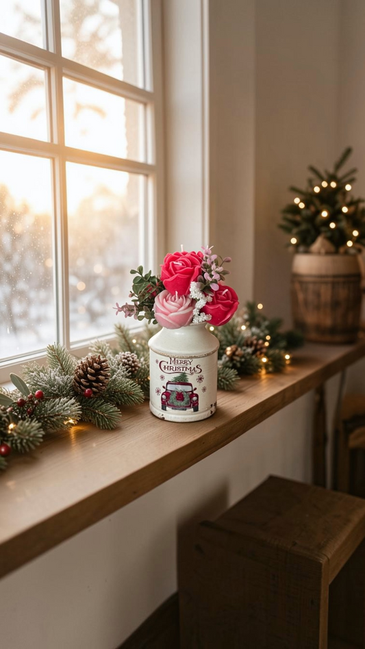 Vintage Merry Christmas Truck Candle Flower Bouquet | Farmhouse Milk Can Vase | Rustic Holiday Centerpiece Gift