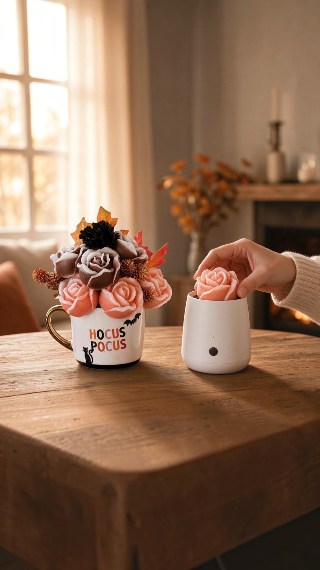 Spooky Beeswax Candle Bouquet Mug | Black Cat & Bat Halloween Candle Flowers | Witchy Fall Decor