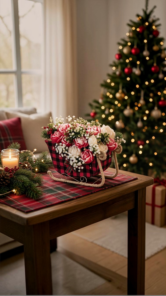 Christmas Sleigh with Scented Candle Flowers – Holiday Candle Centerpiece & Gift