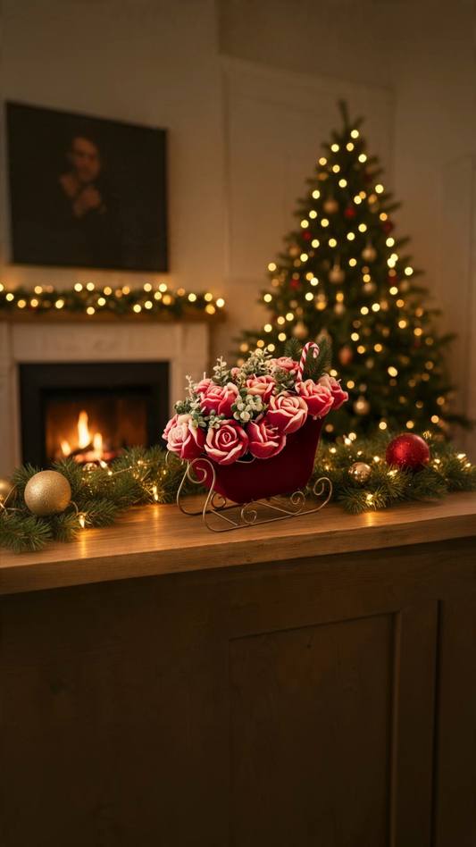 Red Sleigh Christmas Candle Flower Centerpiece | Vintage Holiday Flower Bouquet | Farmhouse Christmas Decor