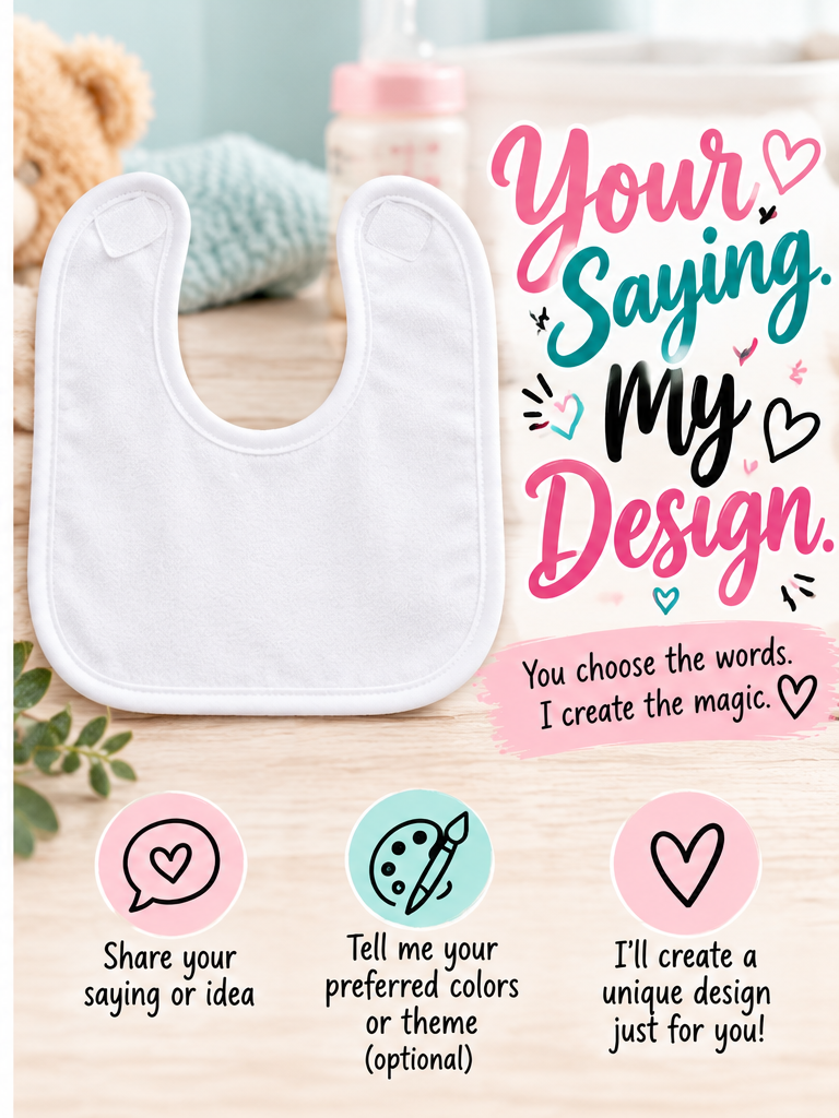 Plain white baby bib without colored trim with Your Saying My Design text beside it