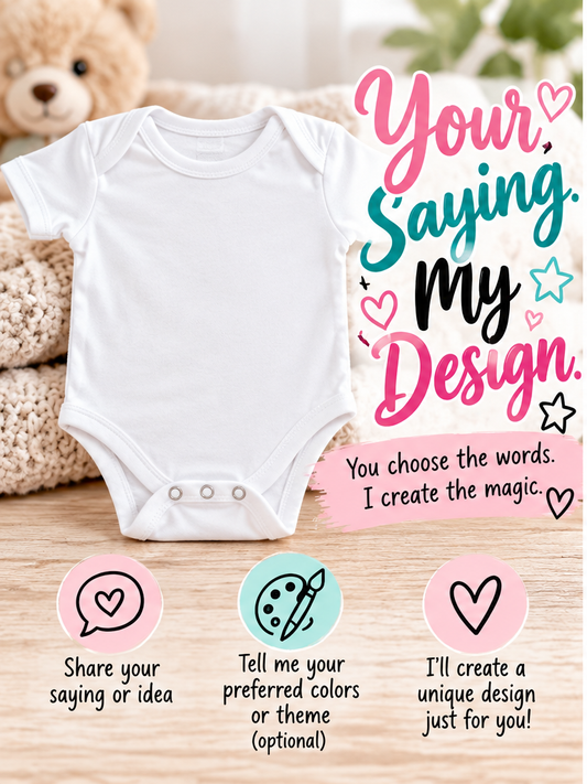 White baby onesie with Your Saying My Design text beside it