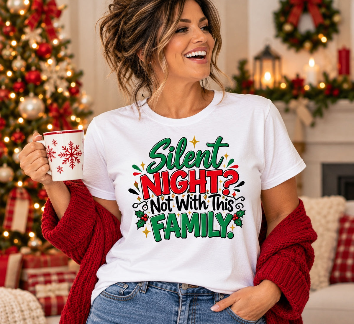 Sample holiday design on a white adult T-shirt; customization included
