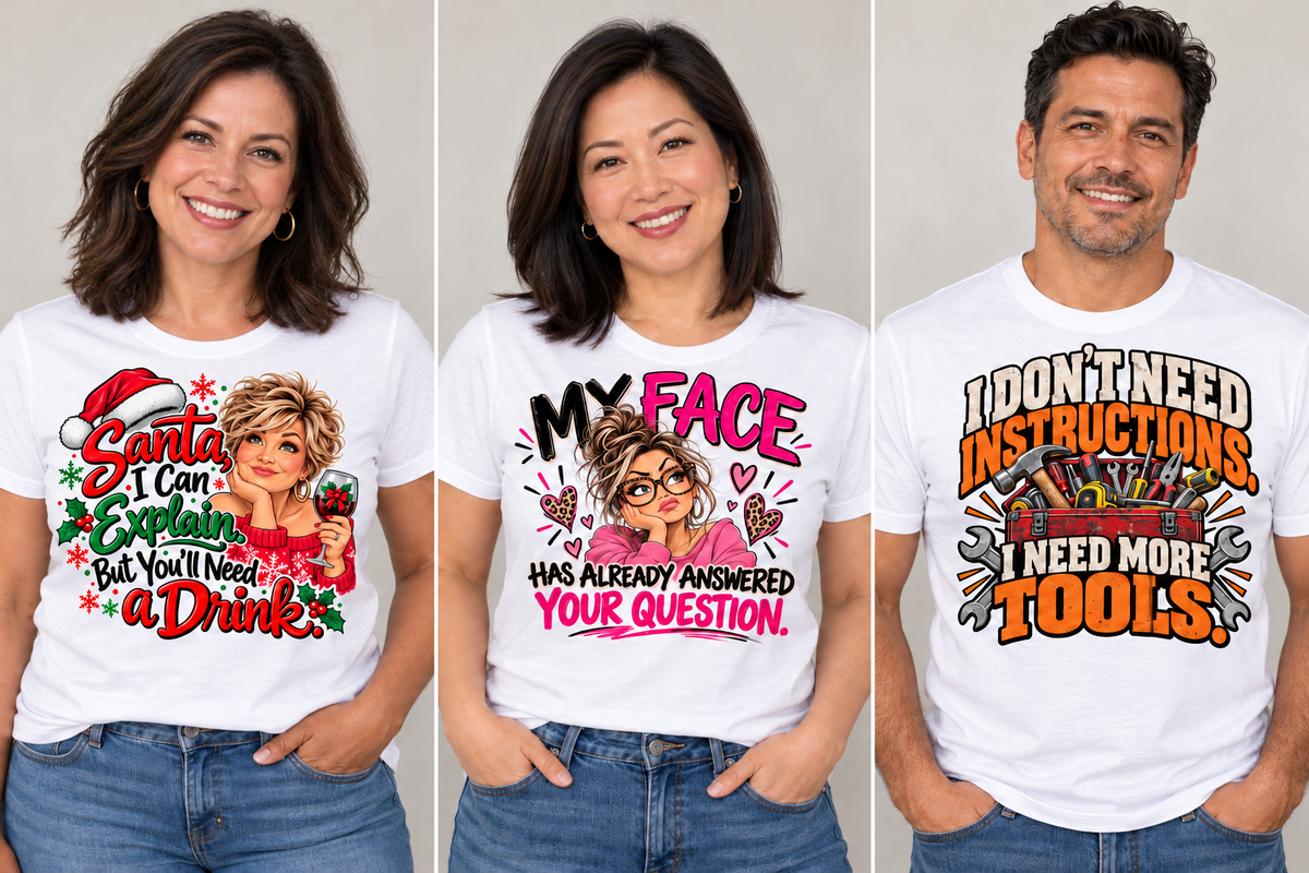 Sample designs: Santa quote, My Face Has Already Answered Your Question, and I Need More Tools